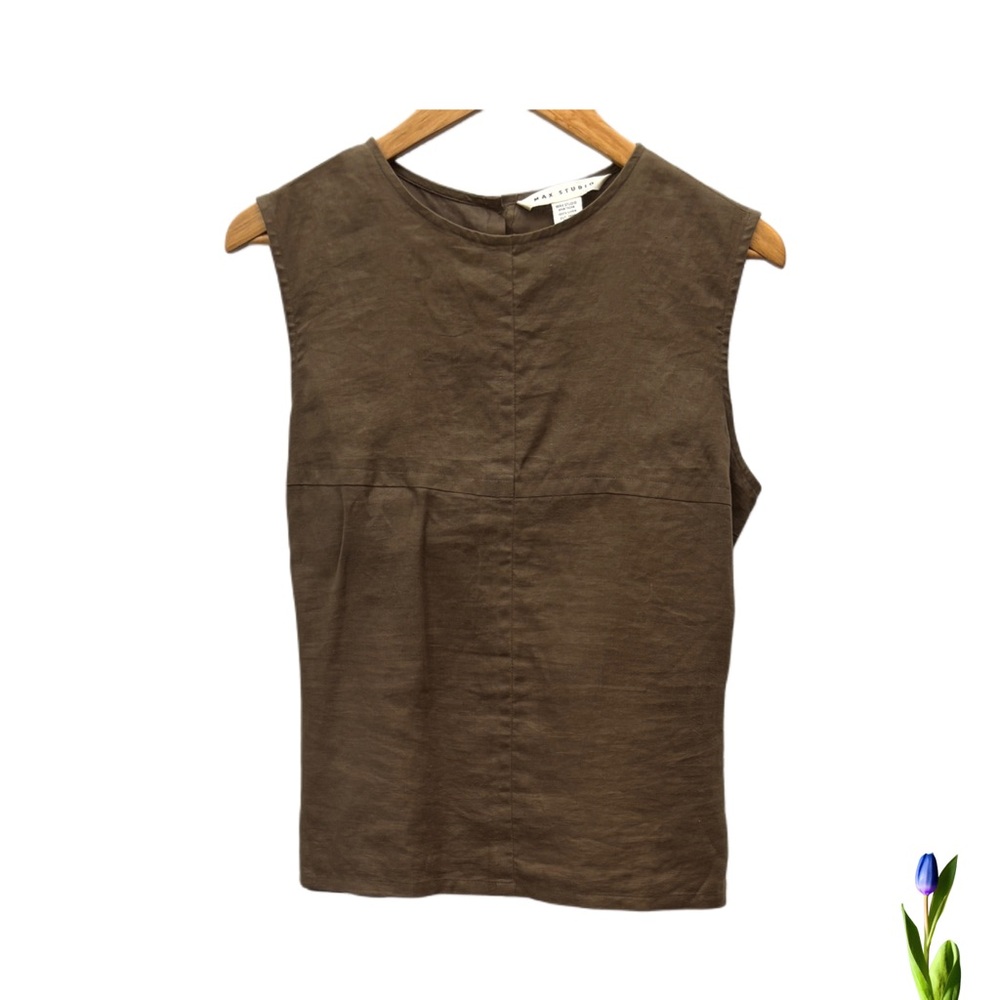 Max Studio Brown Crop linen top, linen tank top, crew-neck top, Sleevele… - Picture 1 of 5